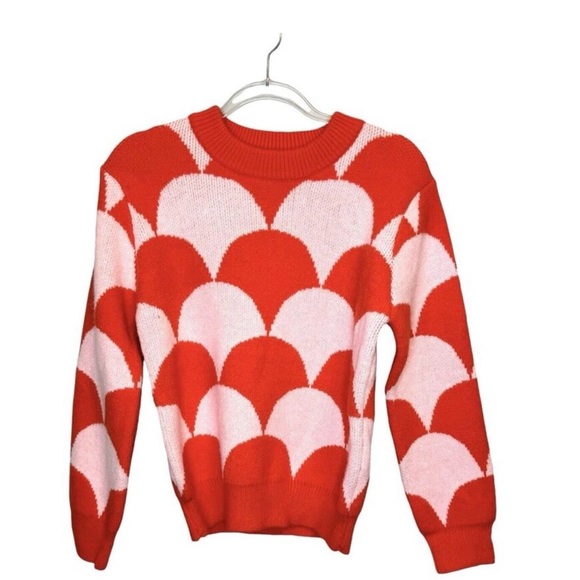 MERCI Women’s Size L Scallop Pattern Crewneck Printed Sweater Orange & Pink EUC - Picture 5 of 6